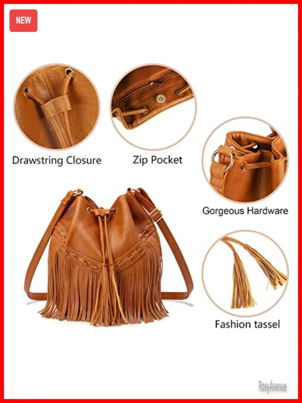Fringe Bucket Bag Drawstring Crossbody Shoulder Purse Women PU Leather
